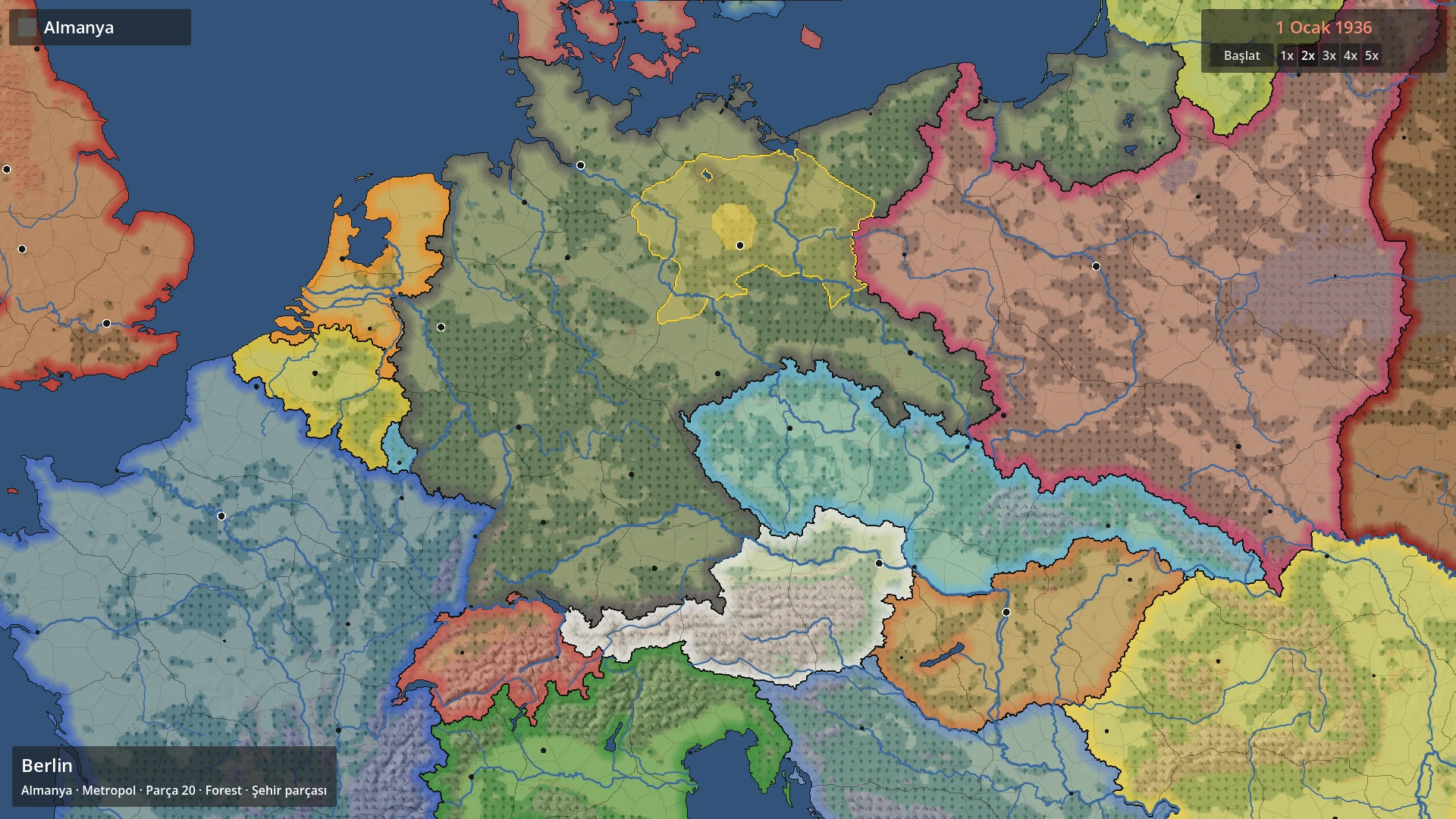 Ra Strategy early development screenshot: a political map of Europe on 1 January 1936 with Germany selected, province borders, rivers, terrain shading, the date and game-speed controls in the top right, and Berlin's province details in the bottom left